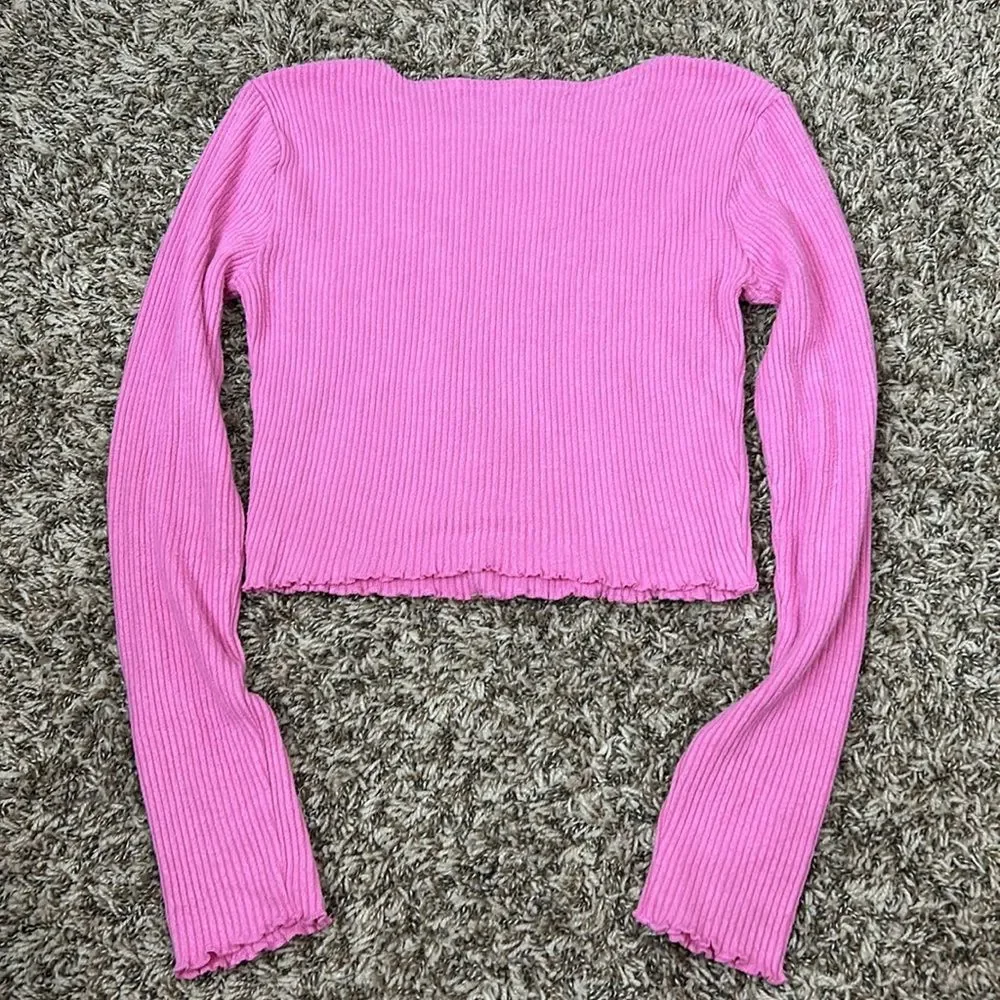 Pac Sun Pink Ribbed Long Sleeve Lettuce Hem Top Sz XS